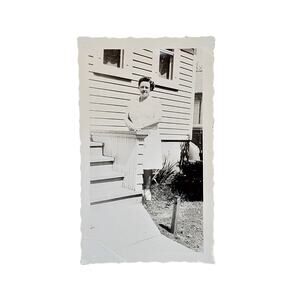 Vtg Plus Size Lady Posing in Front of Home Original Monochrome Photography Found